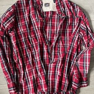 Lee Men's Casual Red and White Plaid Shirt